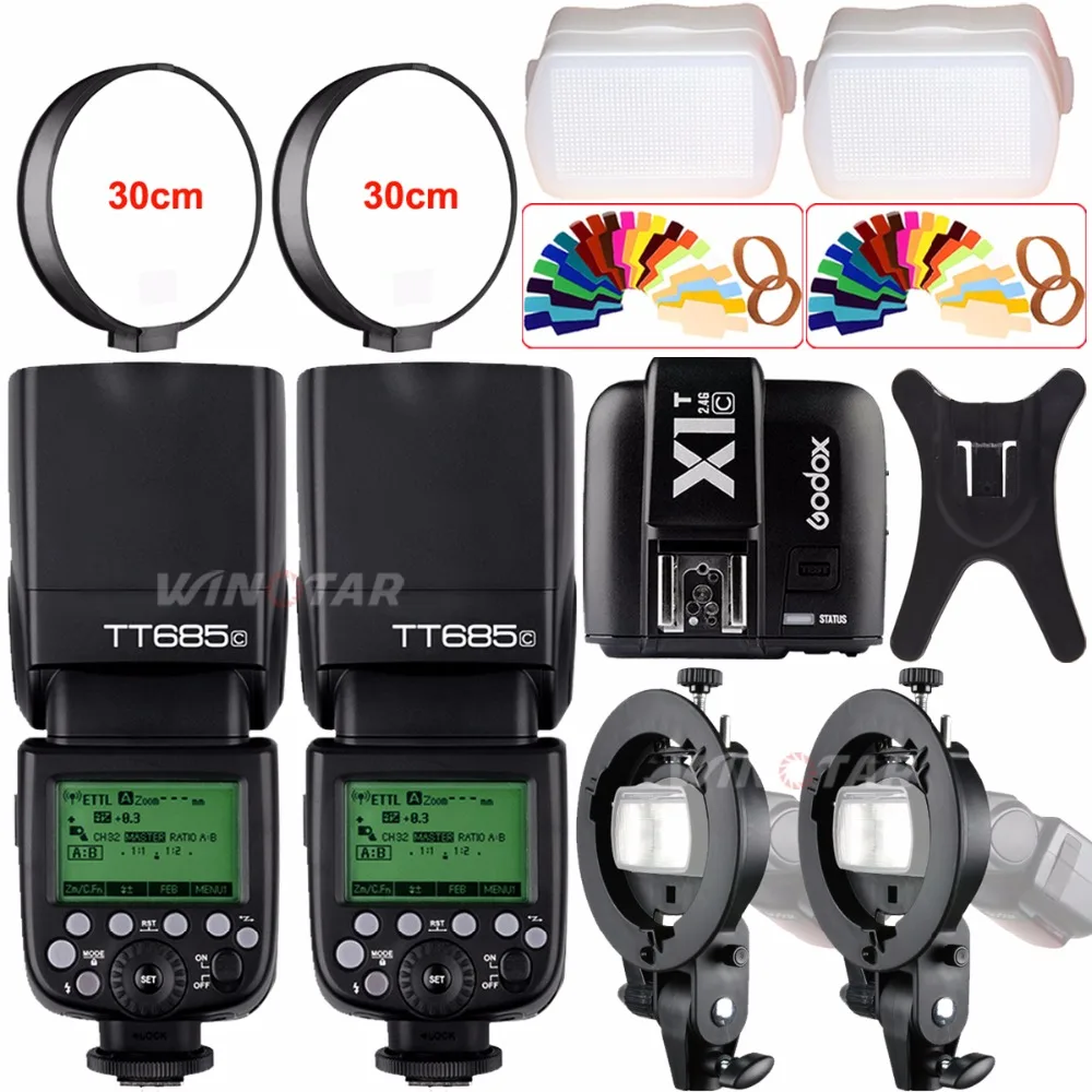 

2x Godox TT685C 2.4G HSS TTL 1/8000s Camera Speedlite Flash + X1T-C Transmitter Trigger for Canon + Bowens S-Type Bracket +Gift