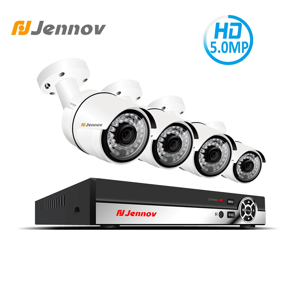 

Jennov 4CH 5MP Audio Record POE Video Surveillance Set NVR Kit Outdoor Home Security Camera System HD P2P H.265 IP Camera Wired
