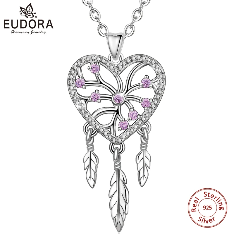 Ladies S925 Silver Feather Tree of Life Dream Catcher Pendant Necklace Jewelry 