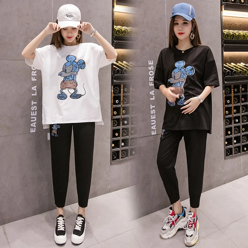 

New summer Korean fashion pregnant women suit playful pattern printed shirt + nine points stomach lift harem pants