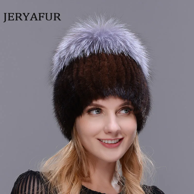 Горячая Распродажа, модная зимняя теплая женская вязаная шапка s, норковые шапки, вертикальное плетение с лисьим мехом на верхней части, Лыжная шапка