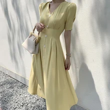 Винтажное атласное длинное платье для женщин летнее с v-образным вырезом на пуговицах тонкое женское платье Вечерние однотонные повседневные Элегантные дамы миди платье