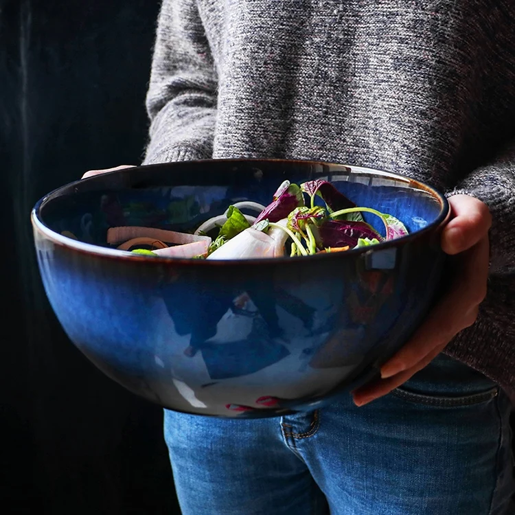 Ceramic Deep Blue Salad Bowl Porcelain Dropping Bowl Wholesale Deep Bowl Capacity Bowl Tableware