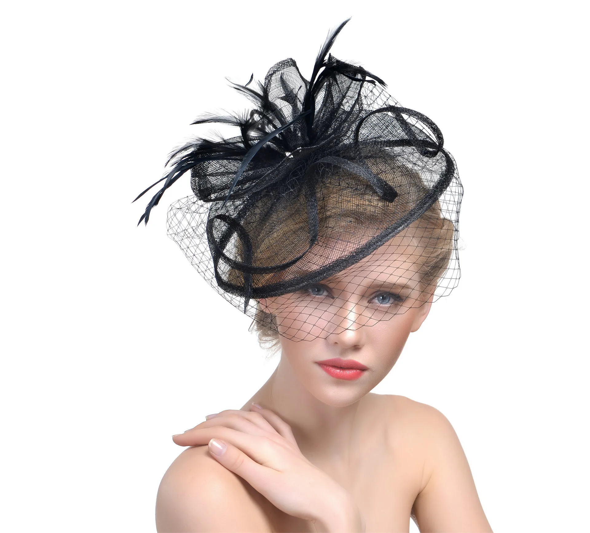 White Black Pink Wedding Bridal Hat Flower Outside Holiday Feather
