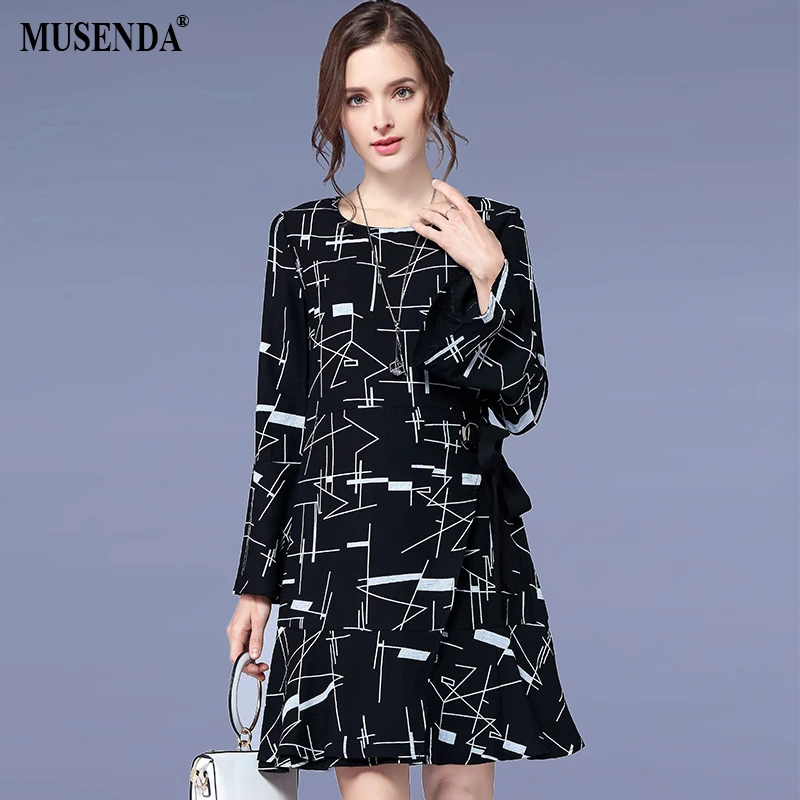 

MUSENDA Plus Size Women Black Geometric Print Flare Sleeve Tunic Sashes Dress 2018 Spring Female Office Lady Dresses Robe 5XL
