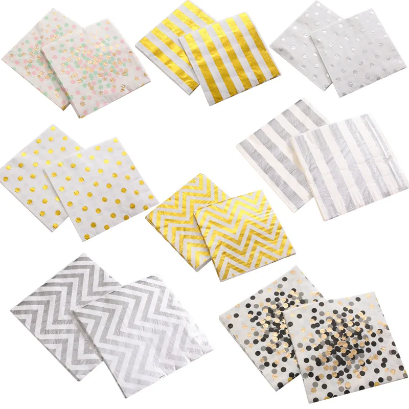 

1pack/set Gold Dot paper napkins birthday party decorations gold stripe theme napkins Silver wave napkins tissues 33cm*33cm