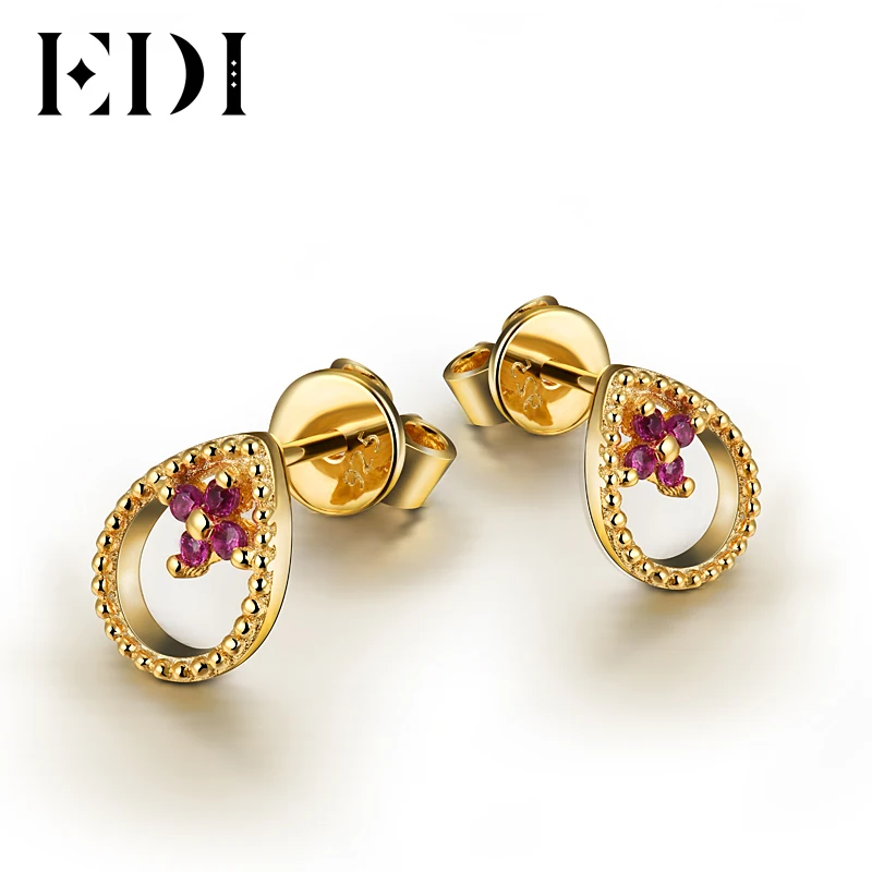 Image EDI Genuine Natural Ruby Stud Earrings For Women Soild 14K 585 Yellow Gold Fashion Earrings Fine Jewelry Lady Gifts