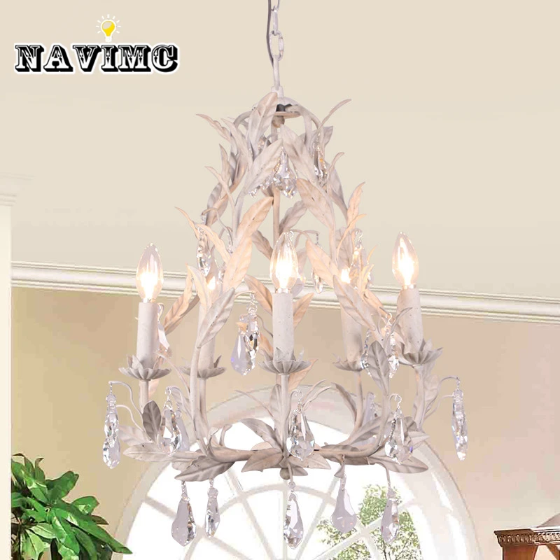 

American Countryside Antique White Crystal Chandelier With Branch Tree for Dining Room Living Room Girl Princess Pendant Lamp