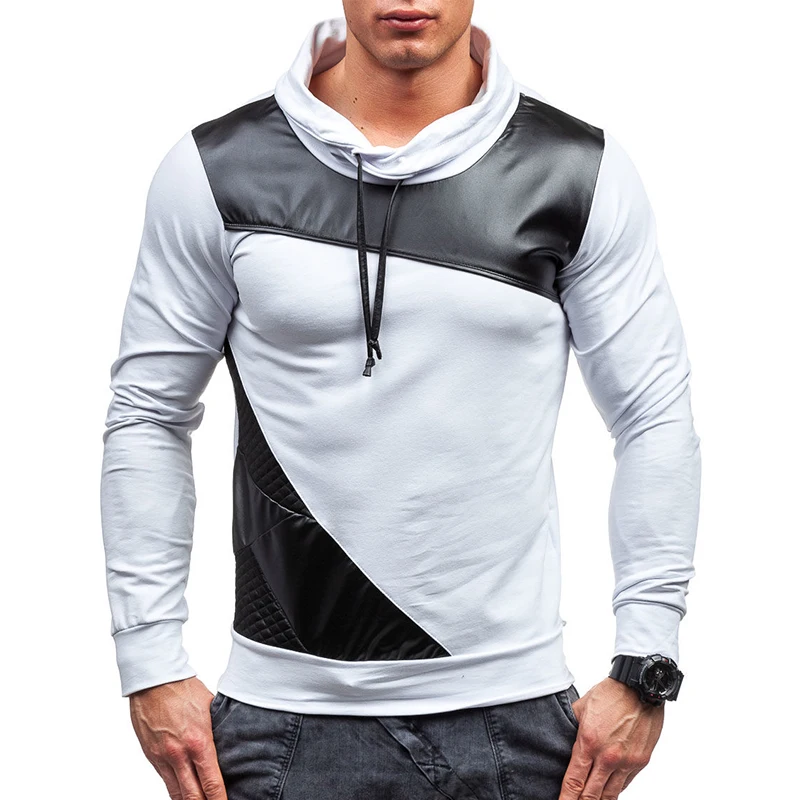Мужская футболка брендовая модная водолазка Лоскутная кожаная футболка с длинным рукавом Повседневная тонкая хлопковая футболка размера плюс белая мужская одежда