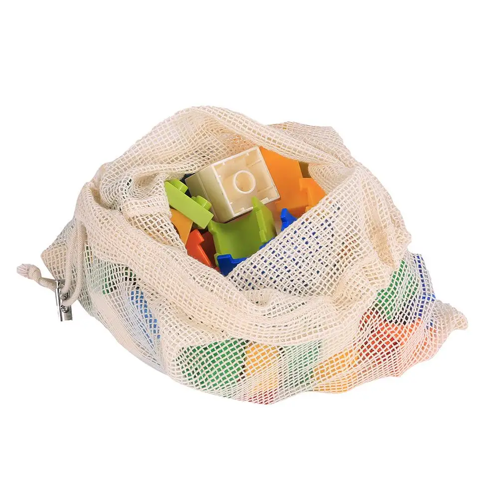 Reusable Cotton Vegetable Mesh Bags For Grocery Storage Fruit Vegetable Toys Storage Bags With Drawstring Machine Washable