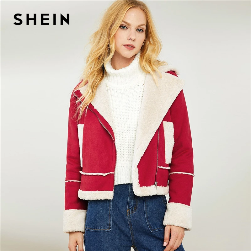 Beste SHEIN Rode Highstreet Office Lady Notch Kraag Faux Fur Detail O Ring Zip Up Herfst Jas 2018 Winter Elegante jassen Bovenkleding