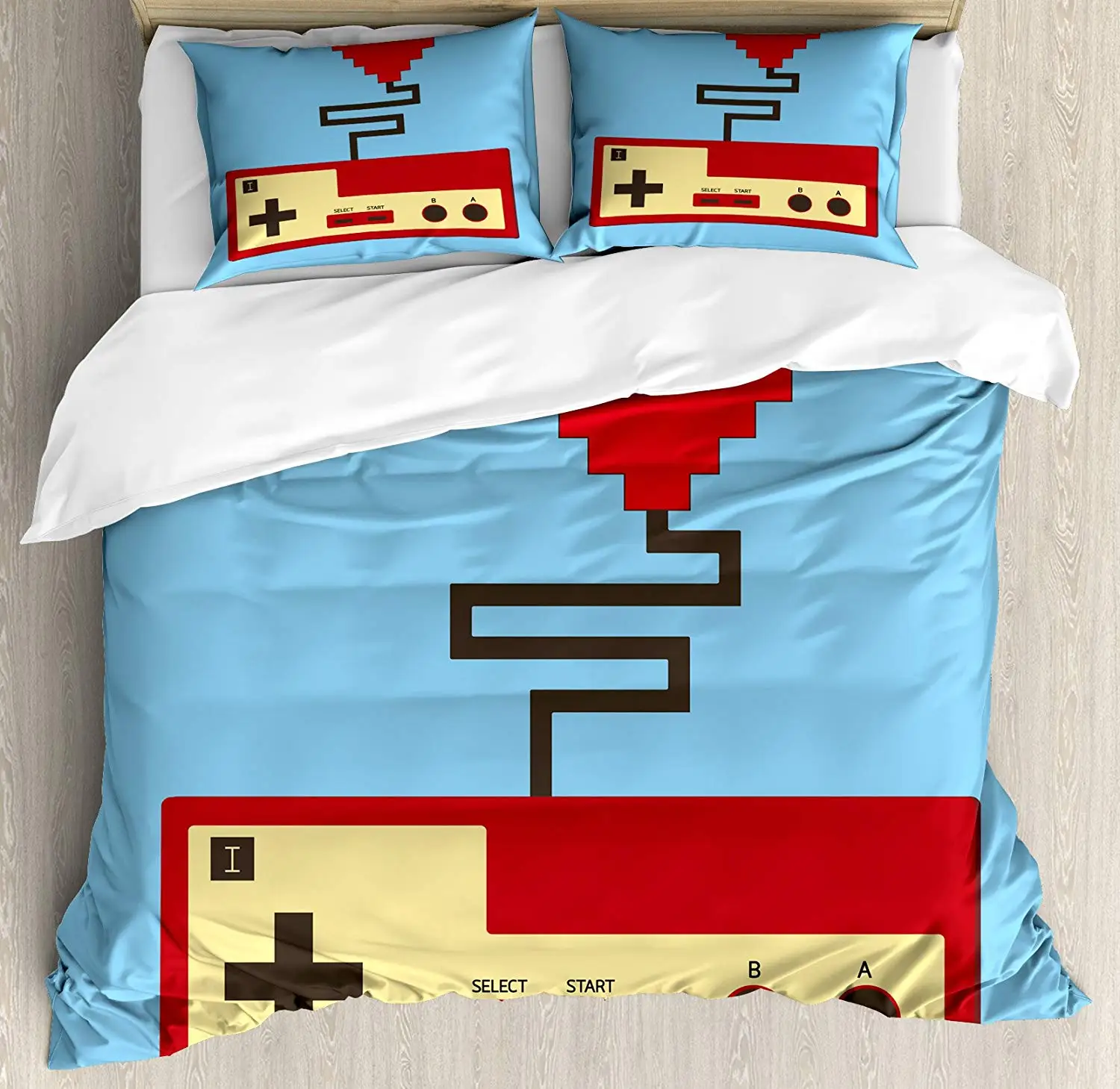 

Gamer Duvet Cover Set Pixel Art Style Heart Connected to a Controller with Simplistic Design, Decorative 3 Piece Bedding Set
