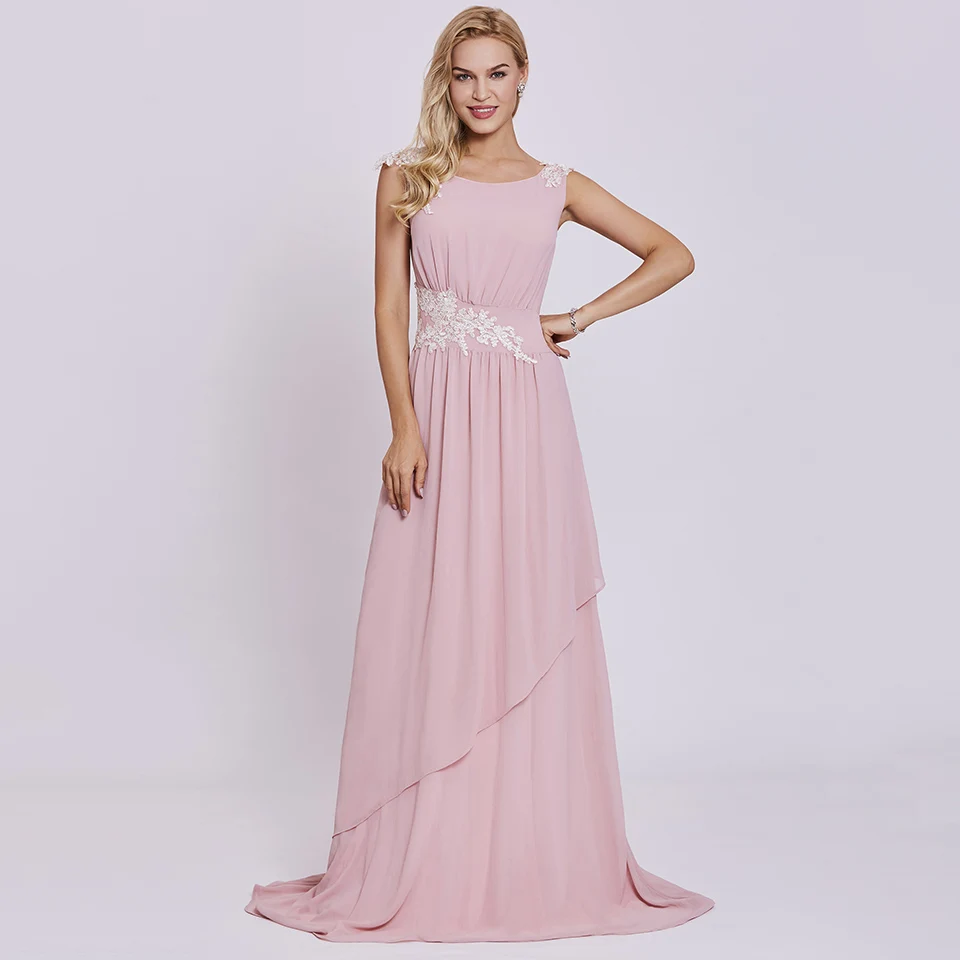 Dressv pink long evening dress cheap scoop neck appliques sleeveless wedding party formal dress a line evening dresses