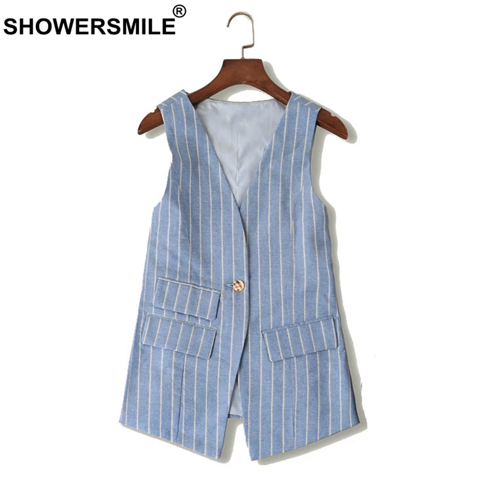 SHOWERSMILE Striped Vest Women Cotton Linen Blue Slim Fit Sleeveless Jacket Female Elegant Office Wear Autumn Vests Waistcoat