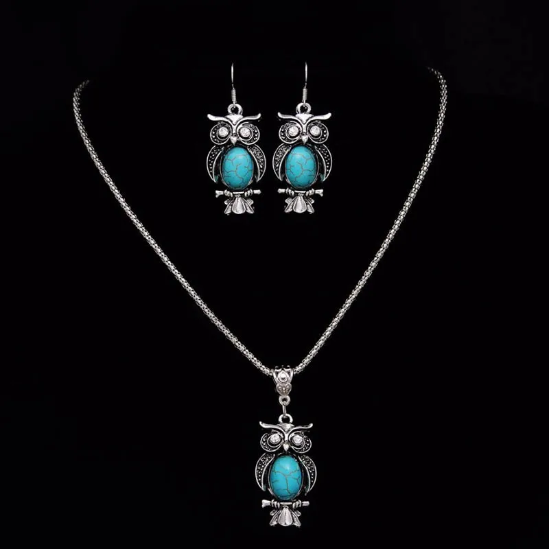 

New Design Owl Jewelry Sets Tibetan Blue Stone Chain Necklace & Pendants Owl Shaped Stud Earrings Women Collar