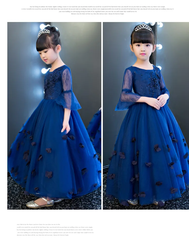 Flare рукавом Цветочные Вечерние платья для девочек новые аппликации бальное платье принцессы девушки Темно-синие изгиб платье jf389
