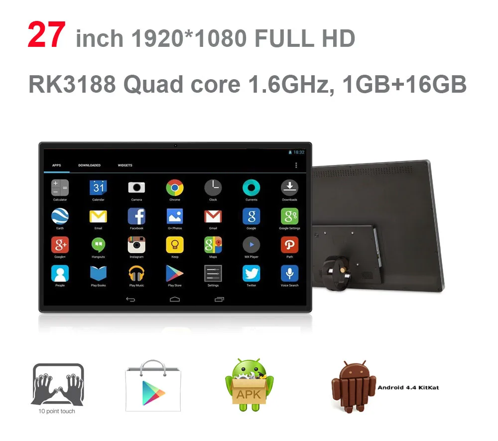 27 дюймов Android все в одном ПК(сенсорный экран, Rockchip3188, quad core, 1 ГБ DDR3, 8 ГБ nand, 5 M камера, 3 W* 2 динамиками, VESA, Bluetooth