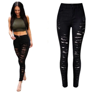 

New Fashion Womens Stretchy Faded Ripped Hole Solid Slim Fit Skinny Jeggings Trousers Pants