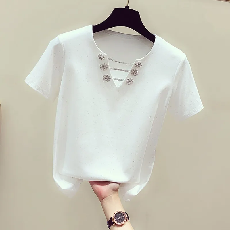 Летняя женская футболка размера плюс, новая яркая шелковая Повседневная футболка с v-образным вырезом и вышивкой в виде бриллиантовой цепочки с коротким рукавом - Цвет: Белый