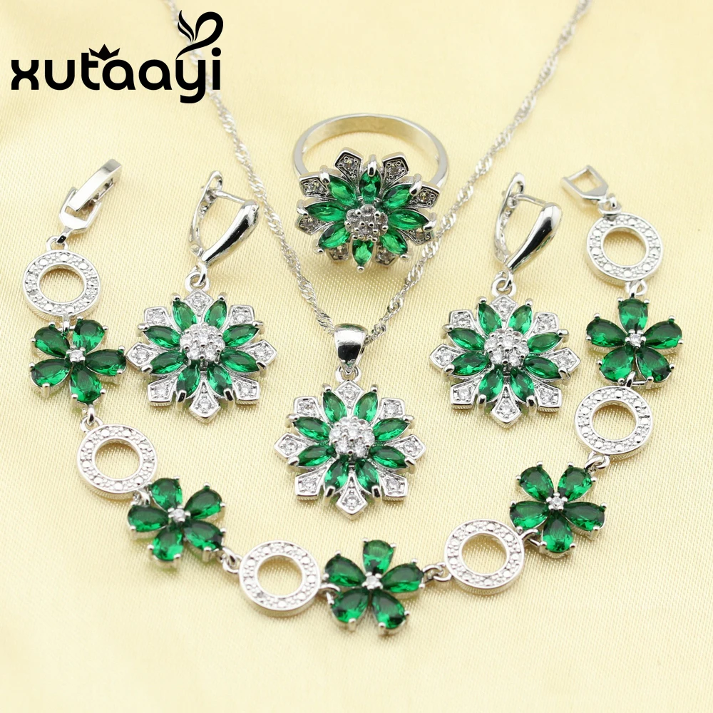 

Silver Color Women 4PCS Jewelry Set West Style Green Created Zircon Earrings Ring Necklace Pendant Christmas Bracelet Gift