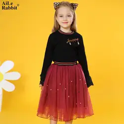 AiLe Rabbit/Новое поступление 2018 года, костюм для девочек детский топ с длинными рукавами + юбка, комплект из 2 предметов, юбка с буквенным принтом