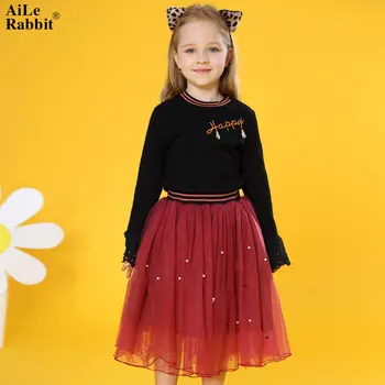 

AiLe Rabbit 2018 New Arrival Girls Suit Kids Long Sleeve Top + Skirt 2pcs Set Letter HAPPY Tassel Pearl Yarn Skirt Party Trendy
