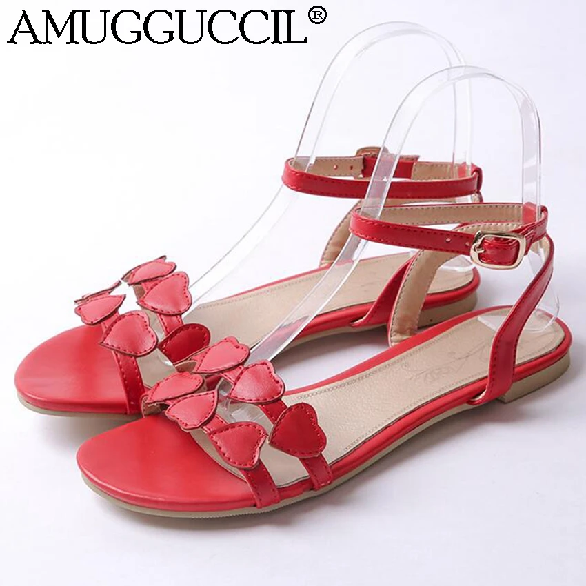 

2019 New Plus Big Size 31-46 Black White Red Buckle Fashion Sweet Girls Female Lady Summer Women Flats Sandals L840