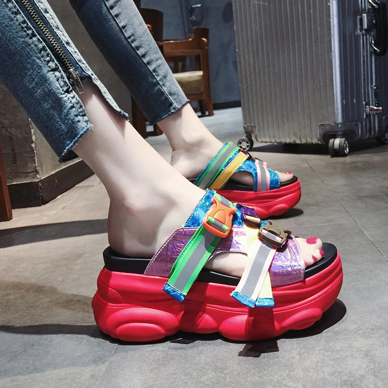 

2019 Summer New Design Fashion Band Women Slippers Outside Beach Shoes Ladies High Wedge Heels Shoes Female Platform Slippers