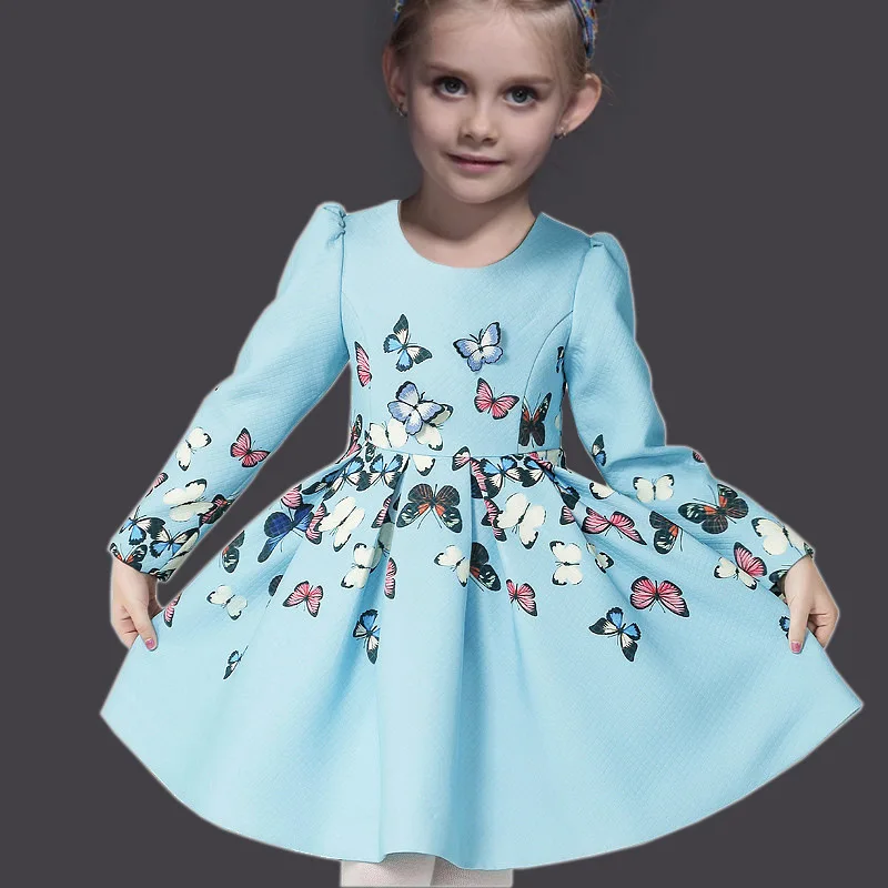 Новые осенне-зимние платья для девочек, хлопковое платье принцессы с длинными рукавами и бабочками для девочек, модные вечерние платья с принтом