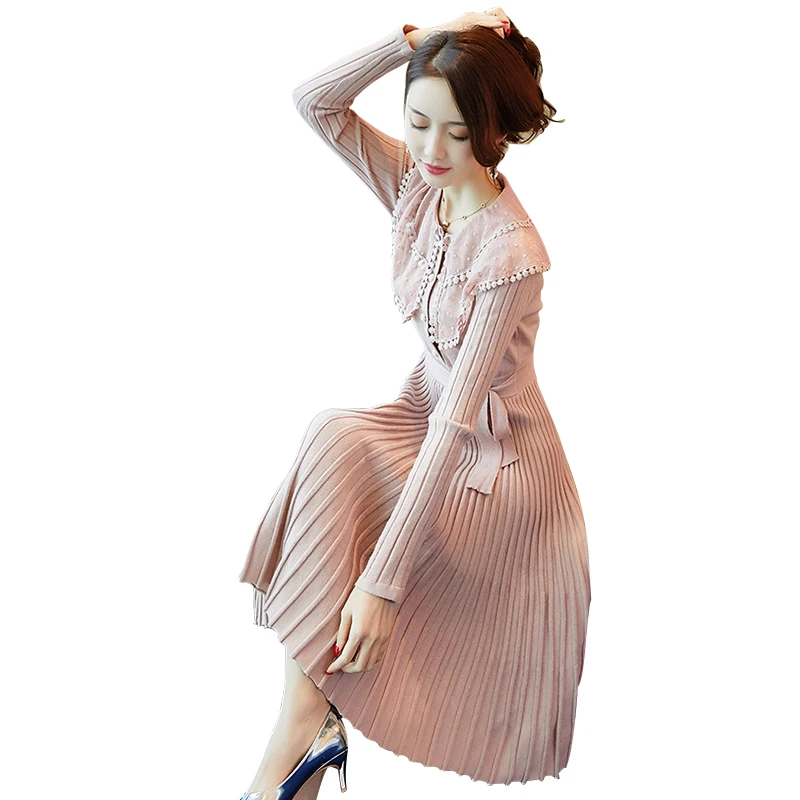 

2019 New Autumn Spring Women Elegant Knitted Dress Long sleeve Ruffled Slim Have Belt Sweater Dresses Fashion Office Lady Dress