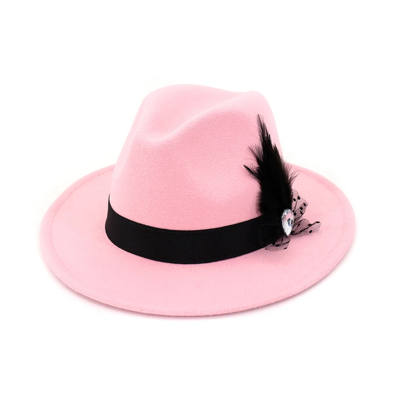 Винтаж Для женщин широкими полями, шерсть фетровая шляпа котелок шляпа Федора с пером ленты, украшения для модных дам GH-623