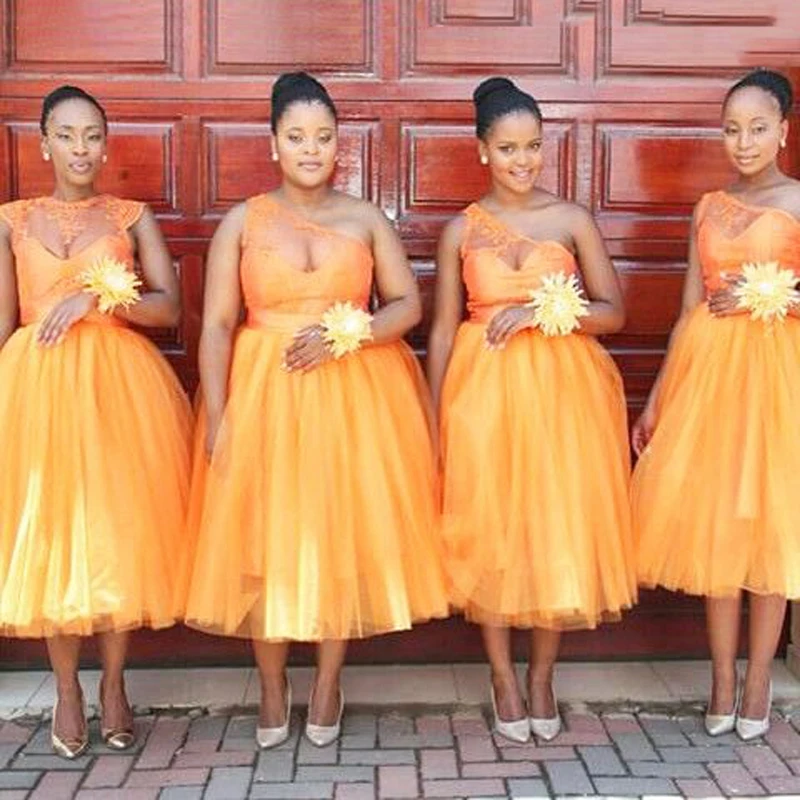 Orange Bridesmaid  Dress  Tea length Hot Bridesmaid  Dresses  