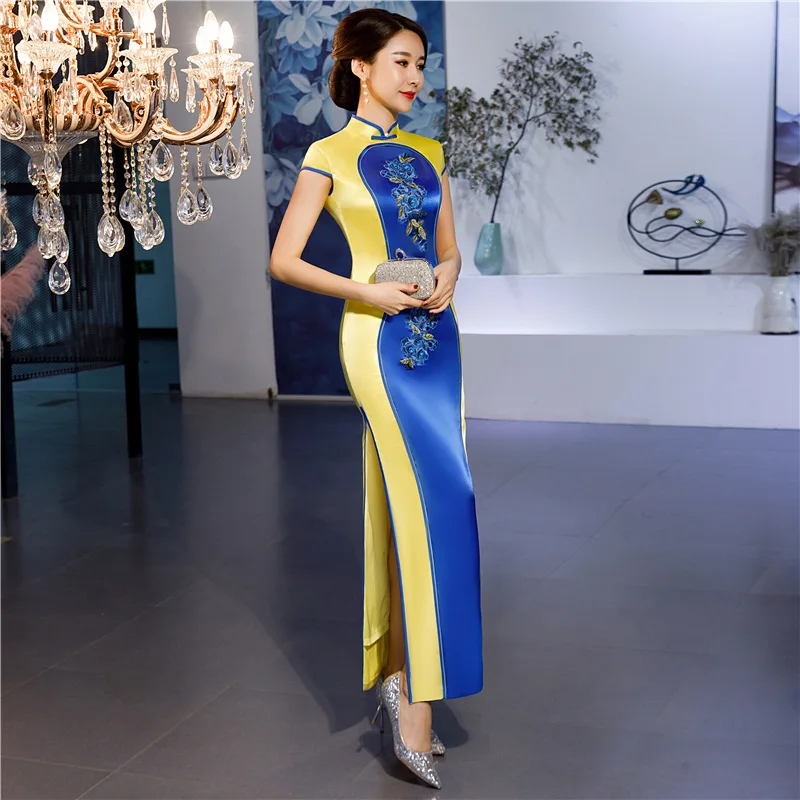 

S of 6XL Long Cheongsam Vintage Chinese style Dress 2019 Fashion Womens Rayon Qipao Slim Party Dresses Button Vestido Plus Size