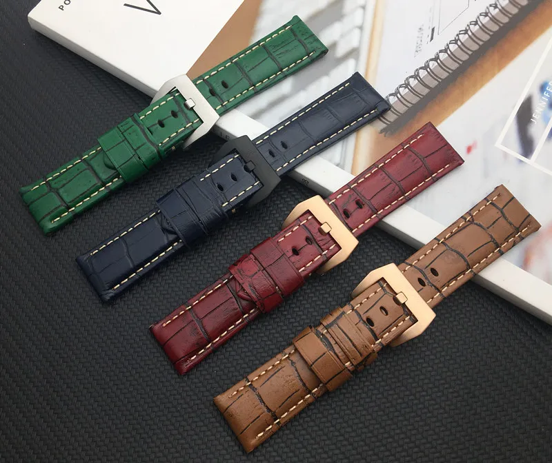 

Top quality real Genuine Leather Watch band Men 22mm 24mm 26mm watchband Accessories For Panerai Strap black clasp buckle tools