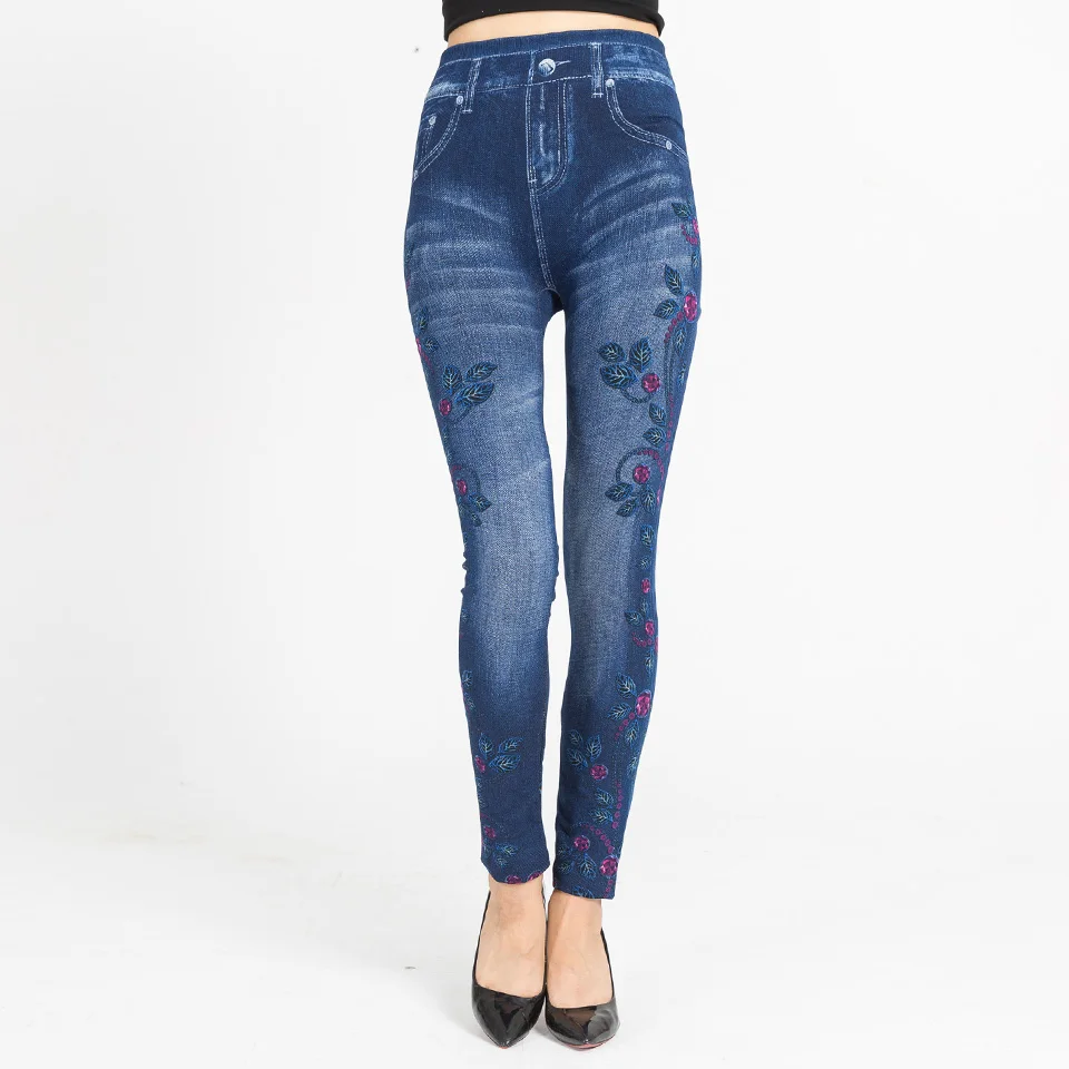 S-XL 2019 Autumn New Women Printed Legging Blue Jeans Slim Fashion Jeggings Leggings False Pockets Woman Fitness Pants Plus Size