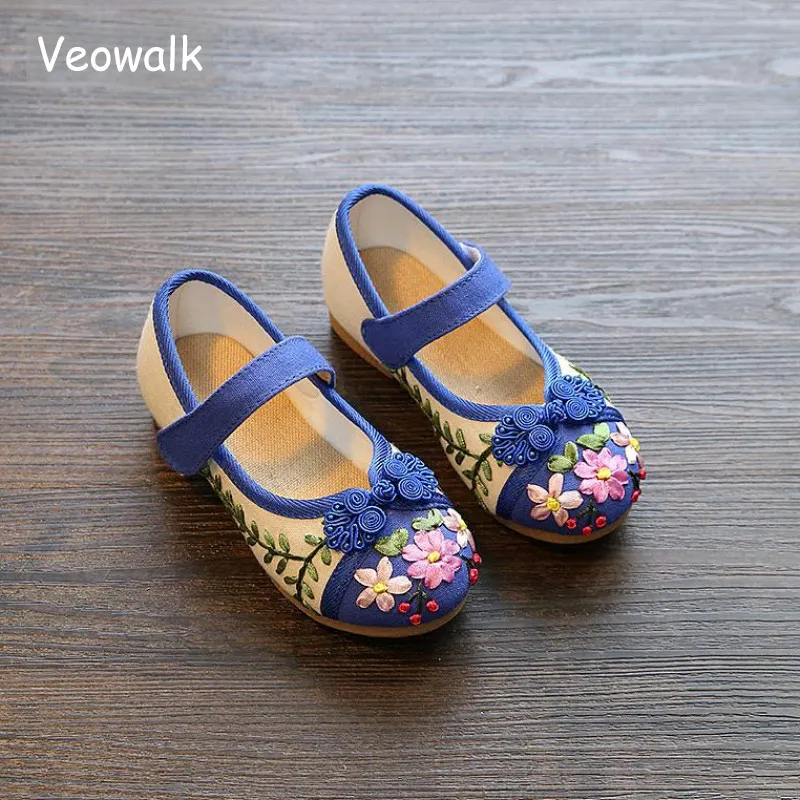 

Veowalk Chinese Lucky Knot 2-15 Years Girls Cotton Embroidered Flat Shoes Instep Strap Kids Children Teenager School Ballets