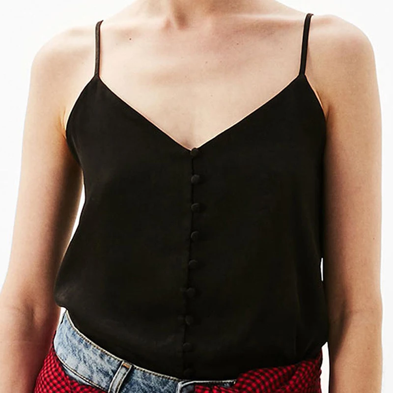 

Summer 2019 Women black solid casual Tank Top Sexy V-neck Sleeveless sexy satin top Slip Camisole Single Row Buttons tank tops