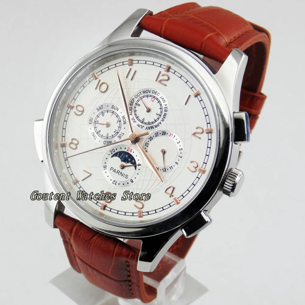 

44mm Parnis Moon Phase Silver SS Case White Dial Automatic Men's Watch