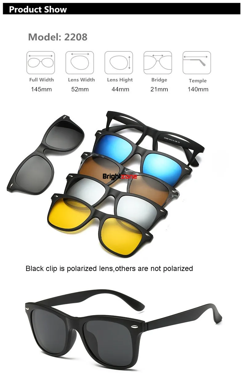 Brightzone 5+ 1 набор, очки для женщин и мужчин, зеркальные поляризованные магнитные солнцезащитные очки с клипсой, по рецепту, близорукость, дальнозоркость, астигматизм - Цвет линз: 2208A