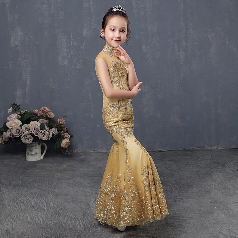 

Blingbling Flower Girl Dresses Turtleneck Mermaid Princess Girl Dress Kids Pageant Gown for Wedding Birthday Party Dress AA256
