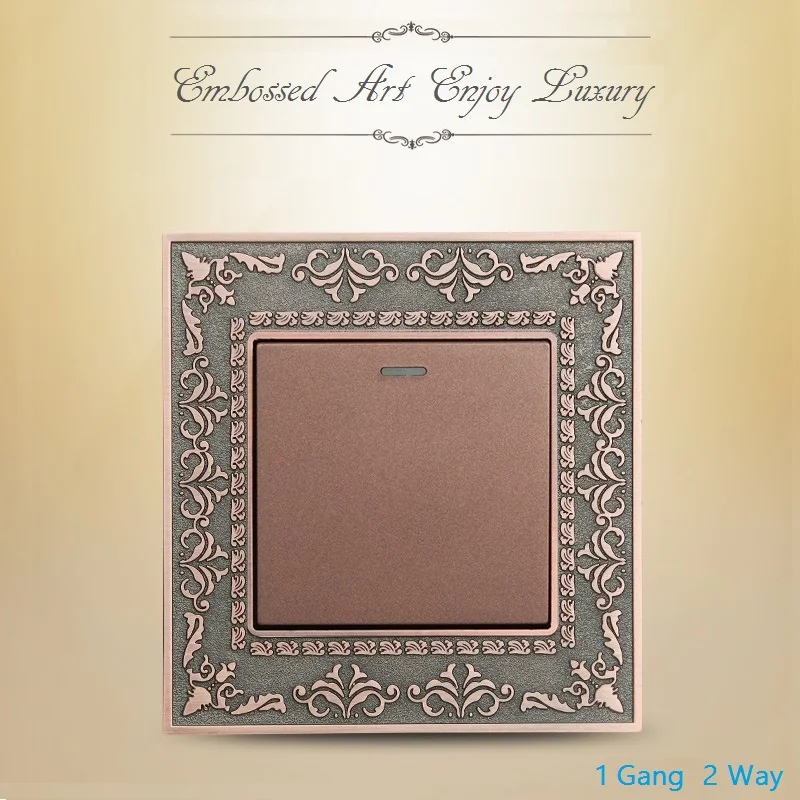 

High Quality Luxury Bronze Color Embossed Wall Switch Zinc Alloy Panel 1 Gang Double Control Switch 86*86mm