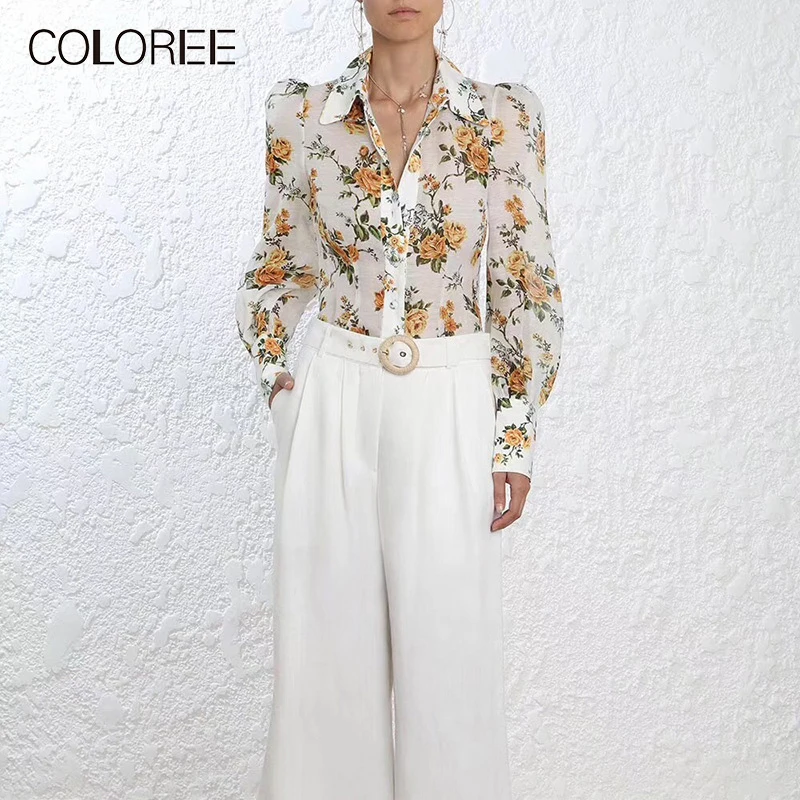 COLOREE Casual Women Floral Printed Blouse New Fashion Single-breasted Puff Sleeve Turn-down Collar High Street Blouse