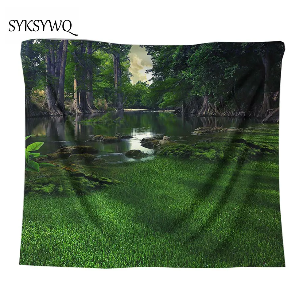 green forest river wall hanging blanket nature grassland carpet tapiz bohemian decor | Дом и сад