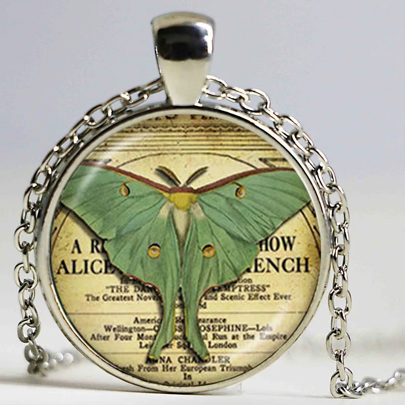 new Luna Moth art pendant charm glass cabochon pendant animal statement necklace butterfly jewelry choker bronze chain neckless