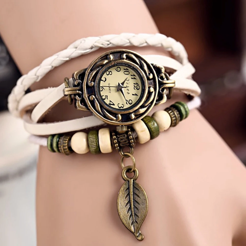 Leecnuo, женские ретро часы, браслет, тканый ремешок, кварцевые наручные часы с листом, романтические, специальные подарки для студентов