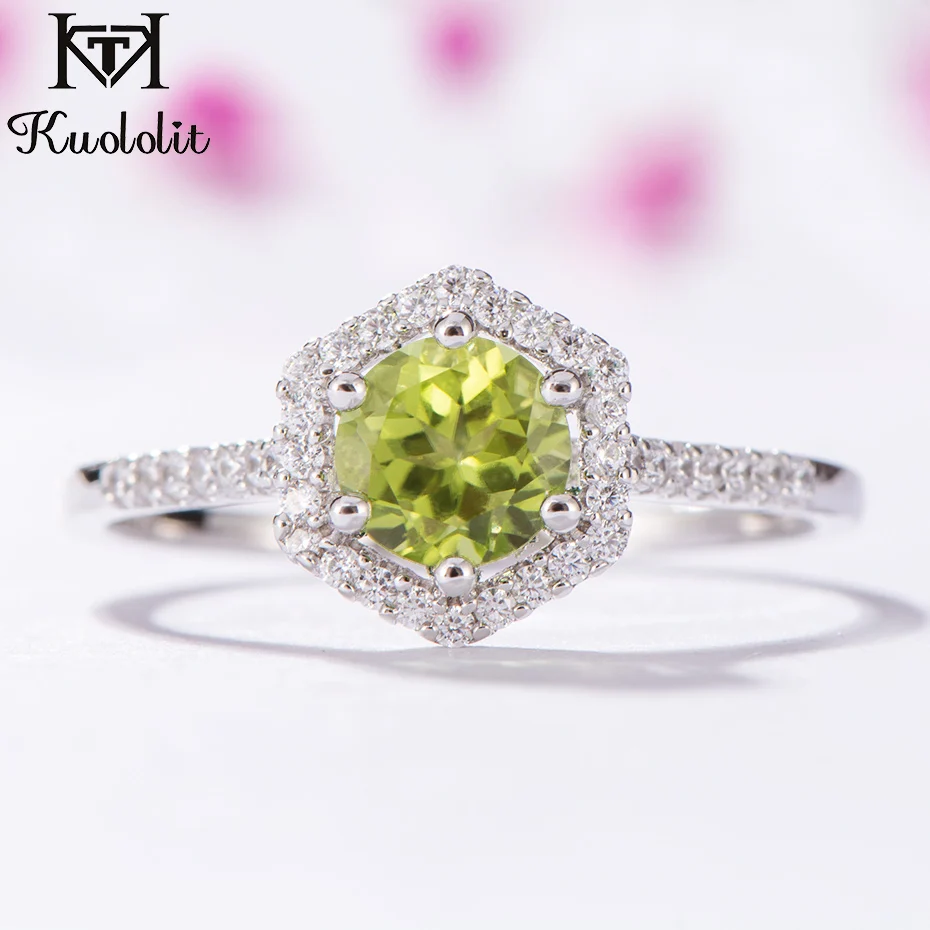 Kuolit, натуральный Перидот, кольца с драгоценными камнями для женщин, 925 пробы, серебряное кольцо с круглой огранкой, кольцо на свадьбу, обручение, подарок, хорошее ювелирное изделие