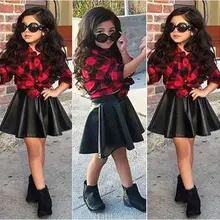 Весна г., модная детская клетчатая рубашка принцессы для девочек, 2 шт./компл.+ кожаная юбка летняя одежда