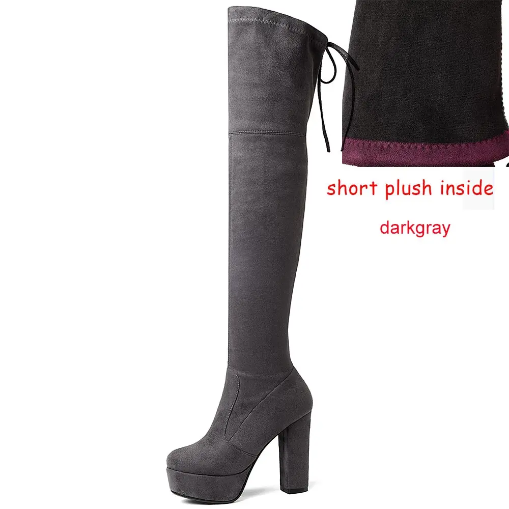 Размеры 34–43 Ботфорты женские ботфорты до бедра из искусственной замши на платформе стрейчевая тонкая стильная женская обувь женские зимние ботинки - Цвет: short plush darkgray