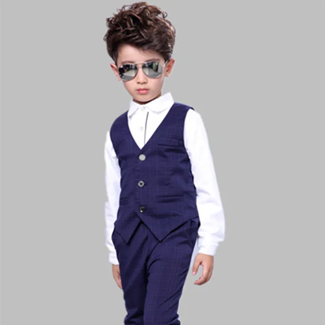 3pcs Children Formal Clothing Sets Boys Plaid Vest Shirts Pants Clothes