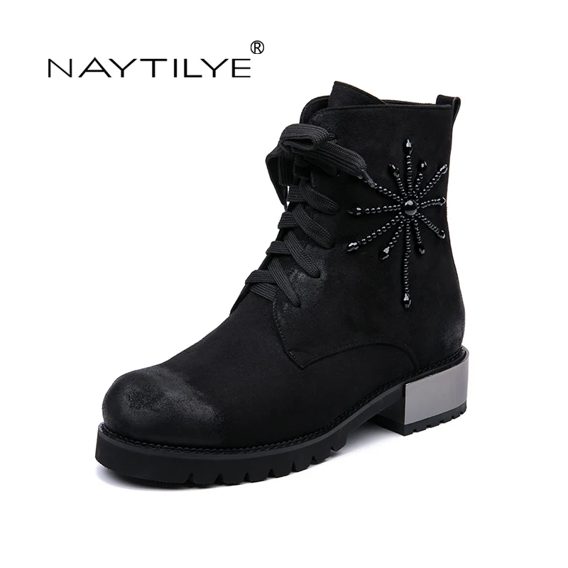 

NATILYE 2018 PU eco leather shoes women ankle warm winter boots women motorcycle round toe nature wool size 36-40